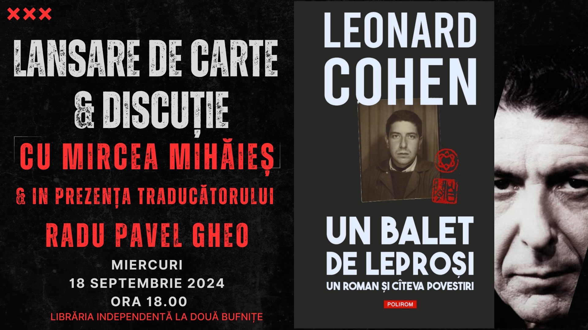 Lansare de carte și discuție despre ”Un balet de leproși” de Leonard Cohen